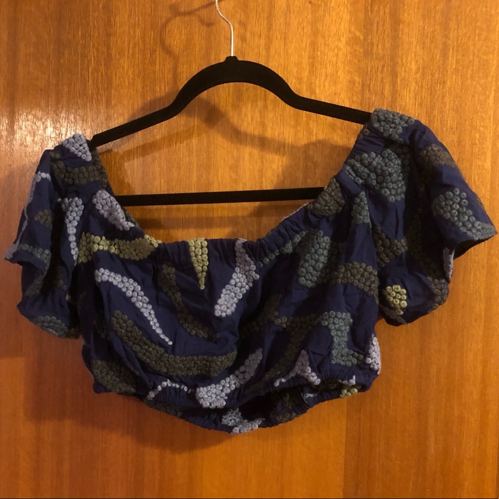 Embroidered Off-Shoulder Dark Blue Top